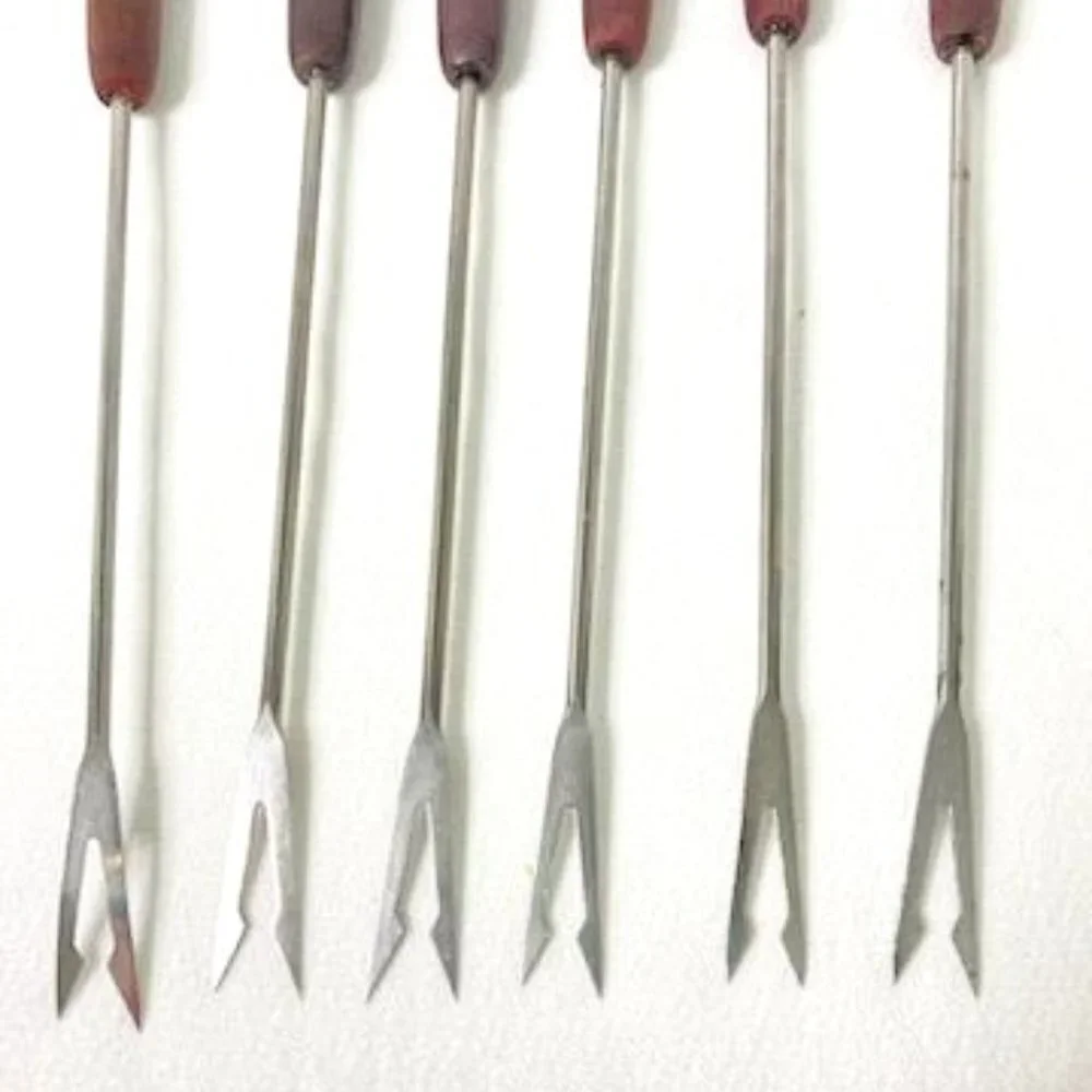 Vtg Fondue Forks Skewers Set of 6 Wood Handle Colored Tips MCM Retro Mod